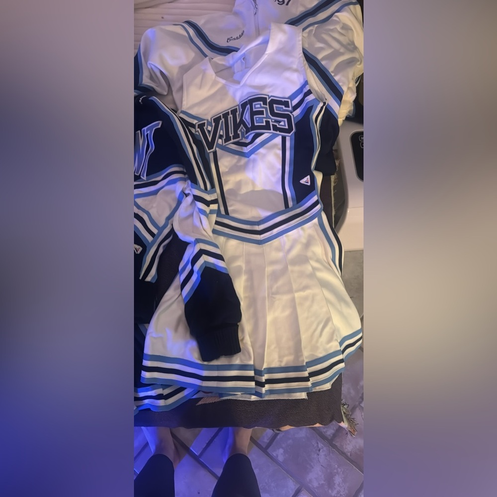 White and Blue Vikes Cheerleading Uniform
